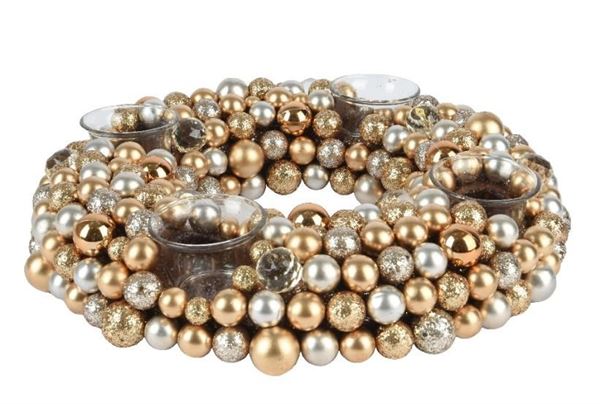 PORTACANDELE CORONA DI BACCHE CM.D33X7H GOLD/SILVER