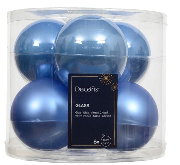 CONFEZIONE 6 PALLINE NATALE VETRO DIA8CM SKY BLUE