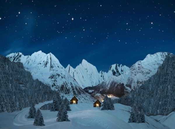 POSTER CANVAS ILLUMINATO PAESAGGIO MONTAGNA NOTTE 76X56CM