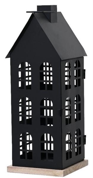 LANTERNA CASA IN FERRO CON BASE IN LEGNO CM.16X16X45H BLACK