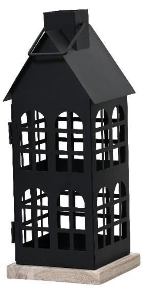 LANTERNA CASA IN FERRO CON BASE IN LEGNO CM.12X12X30H BLACK