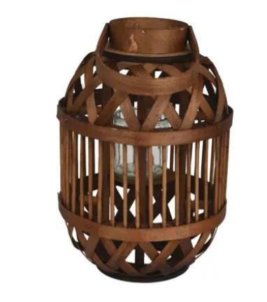 LANTERN BAMBOO ROUND WITH GLASS CUP MAROON D.32CMXH.47CM