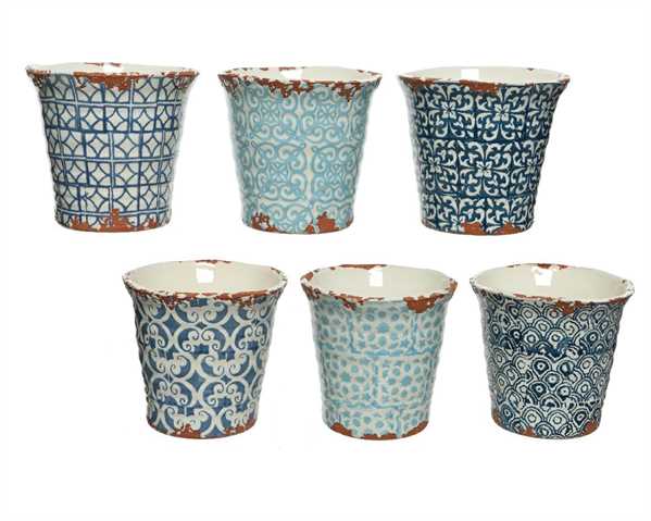 VASO IN TERRACOTTA DECORATO A MANO 6 ASS. BLU Ø.CM.14XH13,5