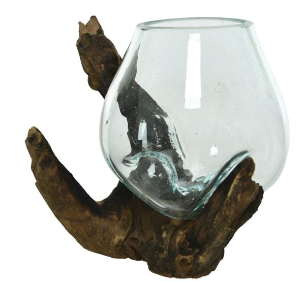 VASE RECYCLED GLASS ON BRANCH NATURAL 10CMX10CMXH.10CM
