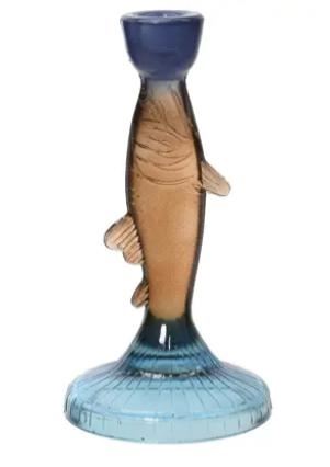 PORTACANDELA PESCE VETRO SFUMATO BLU/MARR. CM.D.10.5XH.21