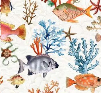 TOVAGLIA METR.COTONE/POLIESTERE DIGITAL PESCI/CORALLI H138CM