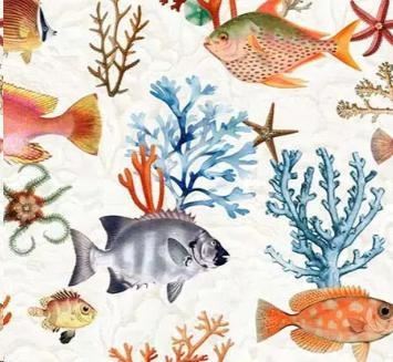 TOVAGLIA METR.COTONE/POLIESTERE DIGITAL PESCI/CORALLI H138CM