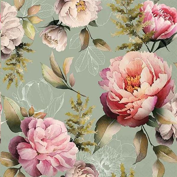 CONF.20 TOVAGLIOLI FIORI PEONIE FONDO VERDE CM.33X33