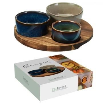 SET APERITIVO 3CIOTOLE CERAMICA+VASSOIO ACACIA