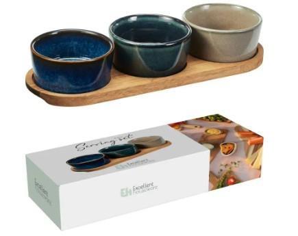 SET APERITIVO 3CIOTOLE CERAMICA+VASSOIO ACACIA