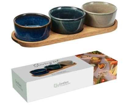 SET APERITIVO 3CIOTOLE CERAMICA+VASSOIO ACACIA