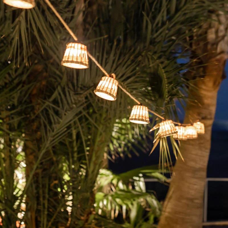GHIRLANDA AURORA 10 LUCI CALDE BAMBOO/RATTAN SOLAR+USB 8MT