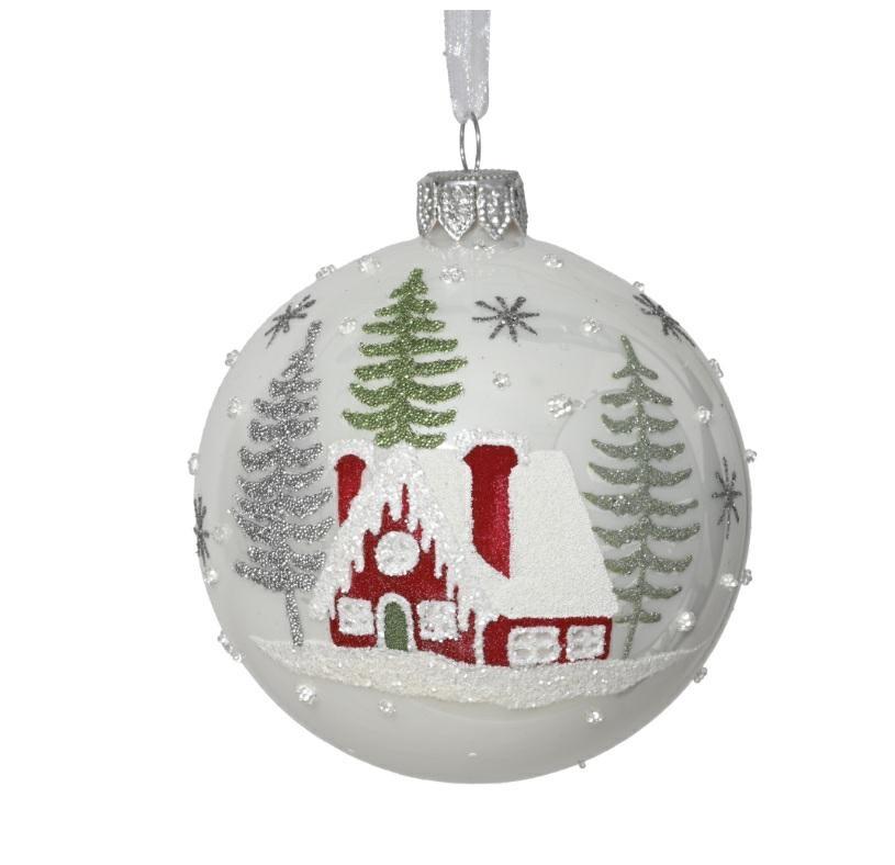 PALLINA IN VETRO CASA C/ALBERO WINTER WHITE D.8CM