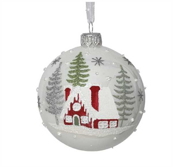 PALLINA IN VETRO CASA C/ALBERO WINTER WHITE D.8CM