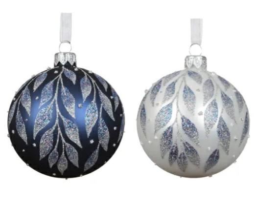 PALLINA IN VETRO FOGLIE GLITTER 2COL ASS. D.8CM