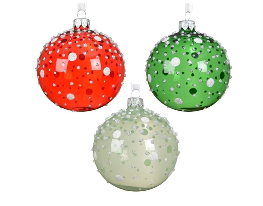 PALLINA IN VETRO C/PUNTINI GLITTER 3COL.ASS. D.8CM