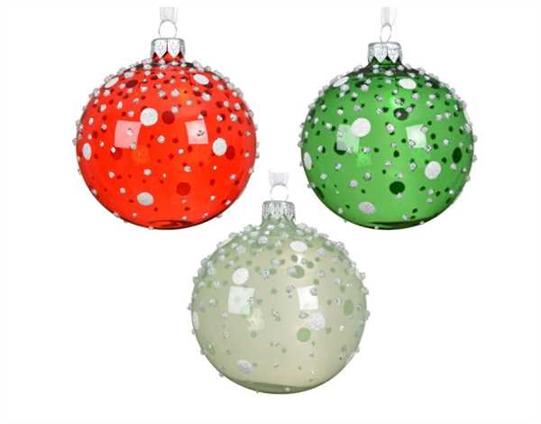 PALLINA IN VETRO C/PUNTINI GLITTER 3COL.ASS. D.8CM