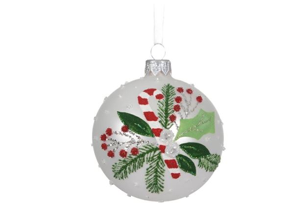 PALLINA VETRO CANDY E AGRIFOGLIO WINTER WHITE D.8CM