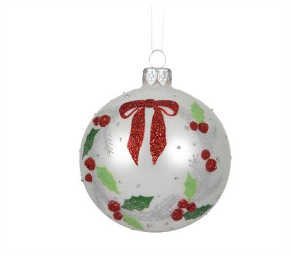 PALLINA IN VETRO C/GHIRLANDA AGRIFOGLIO WINTER WHITE D.8CM