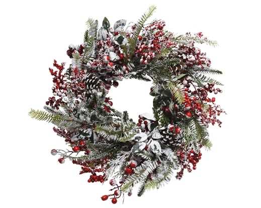 CORONA POLIETILENE C/NEVE,BACCHE E PIGNE D.40XH.11CM