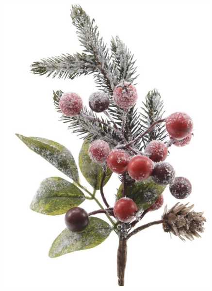 RAMO POLIETILENE C/BACCHE ROSSE,PIGNE E NEVE  5X8XH.24 CM