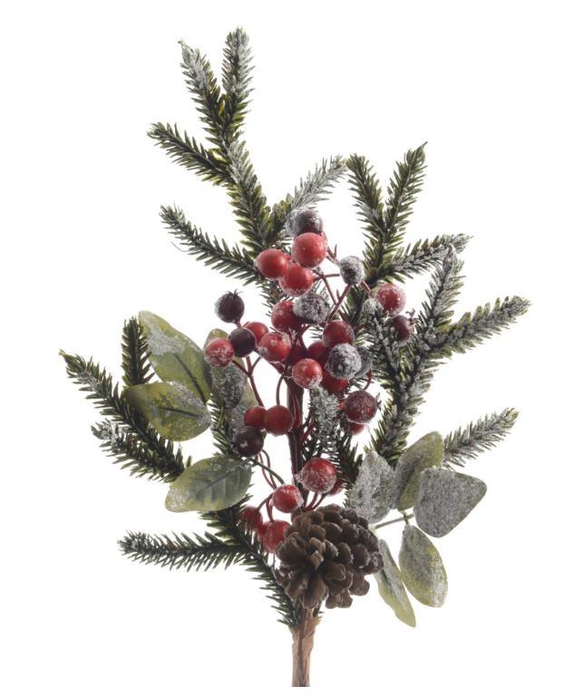 RAMO POLIETILENE C/BACCHE ROSSE,PIGNE E NEVE 7X13XH.50CM
