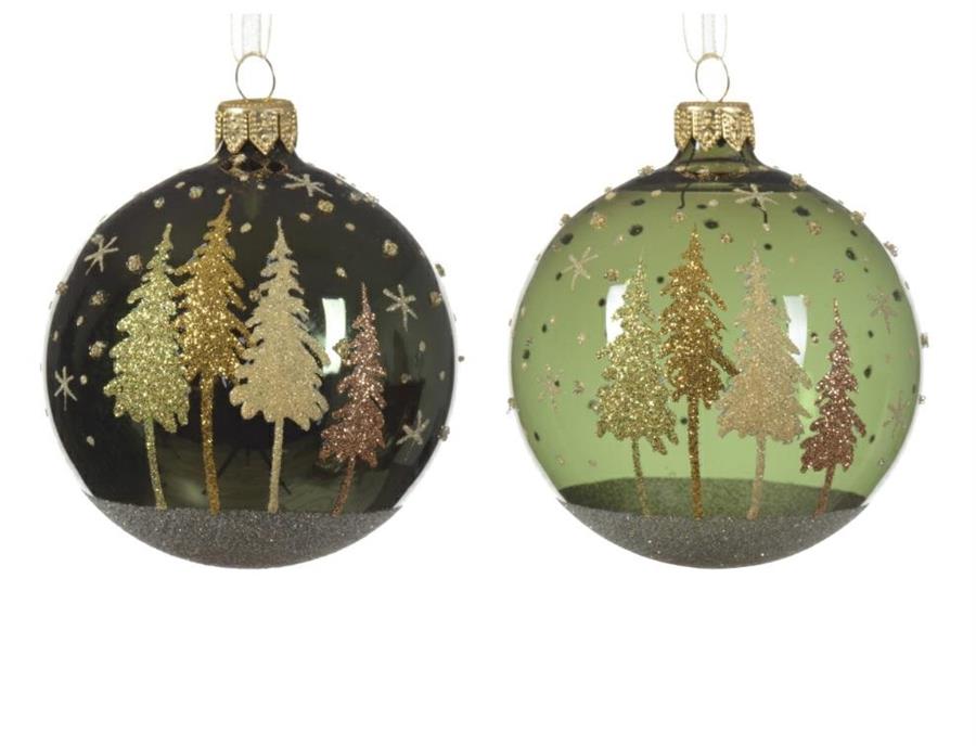 PALLINA IN VETRO C/ALBERI 2COL.ASS. PINE GREEN D.8CM