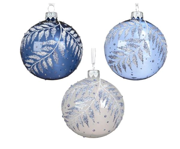 PALLINA IN VETRO  FOGLIE GLITTER 3COL ASS. D.8CM