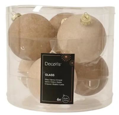 CONFEZIONE 6 PALLINE VETRO SABBIA FLOCCATA 2ASS. D.8CM