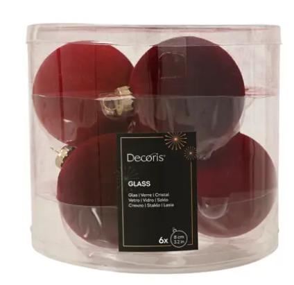 CONFEZIONE 6 PALLINE VETRO ROSSO FLOCCATO 2ASS. D.8CM