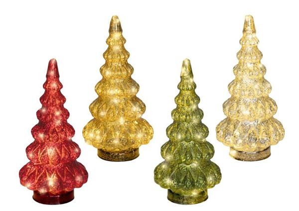 ALBERO VETRO 4 COL.ASS.C/MICRO LED BIANCO CALDO D.12XH.25CM