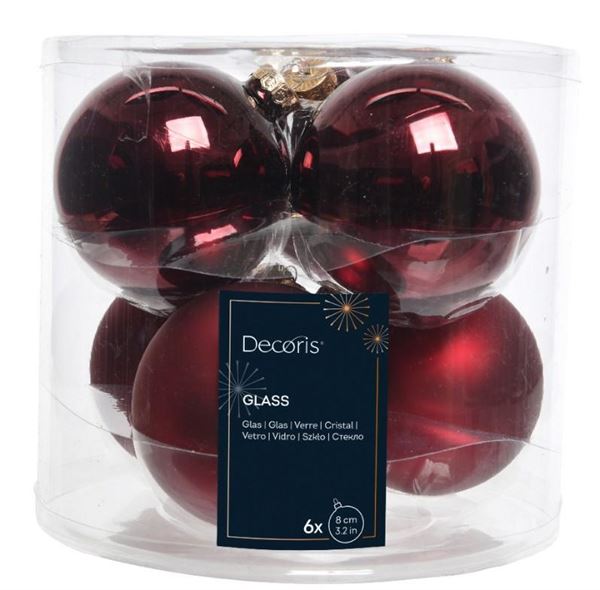 BOX 6 PALLINE NATALE VETRO MIX D.8CM OXBLOOD