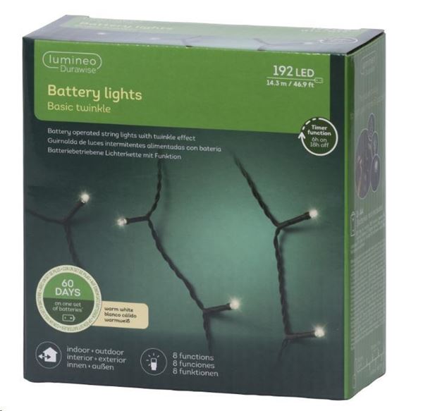 LUCI BATTERIA 192LED L.CALDA 14,3MT FILO NERO OUTDOOR
