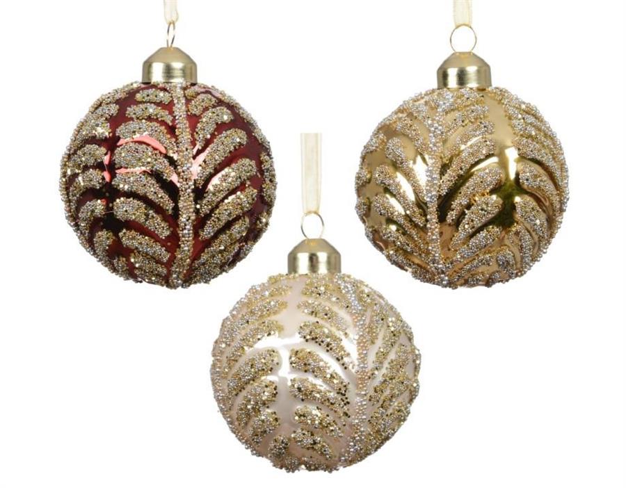 PALLINA IN VETRO RAMI DI PERLINE/GLITTER 3ASS. D.8CM