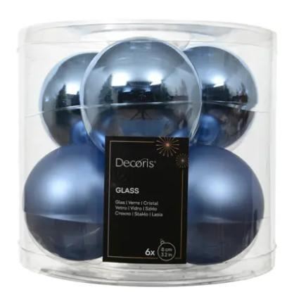 BOX 6 PALLINE NATALE VETRO MIX D.8CM BLUE DAWN