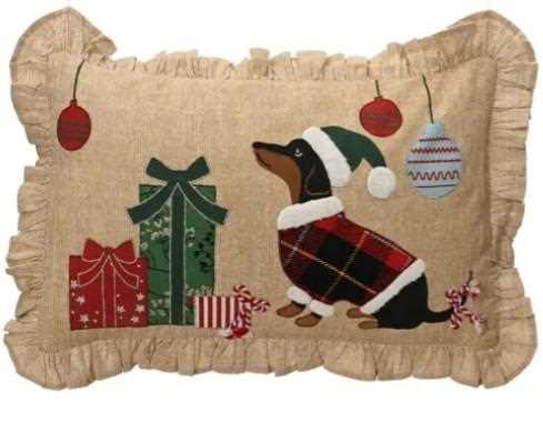 CUSCINO IN COTONE CON RICAMO CANE NATALIZIO 50x30xH10CM