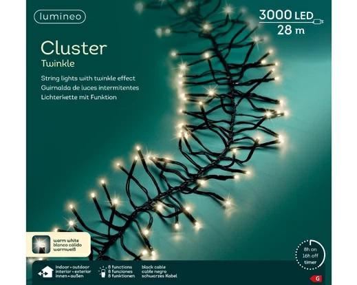 GHIRLANDA 3000 LED BIANCO CALDO 28MT FILO NERO TIMER+8F