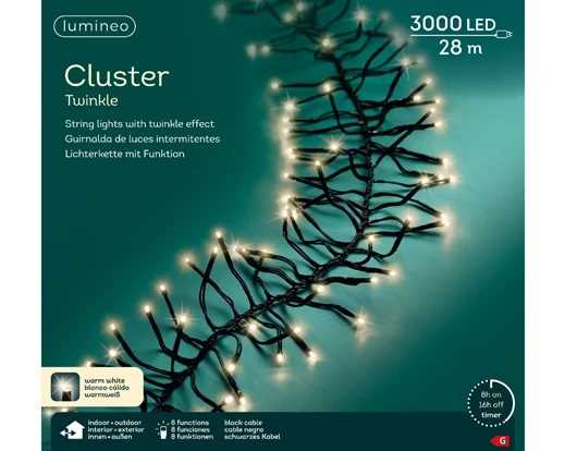 GHIRLANDA 3000 LED BIANCO CALDO 28MT FILO NERO TIMER+8F