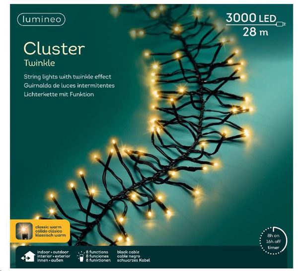 GHIRLANDA 3000 LED CALDO CLASSICO 28MT FILO NERO TIMER+8F