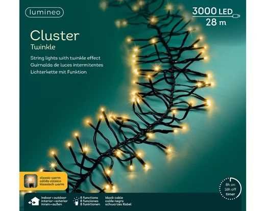 GHIRLANDA 3000 LED CALDO CLASSICO 28MT FILO NERO TIMER+8F