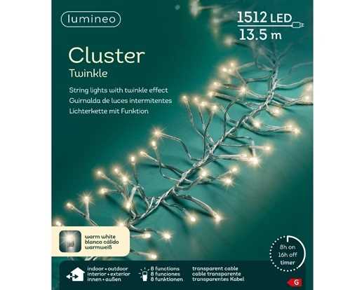 GHIRLANDA LUCE CALDA 1512LED MT13,5 FILO TRASPARE. 8FUNZIONI