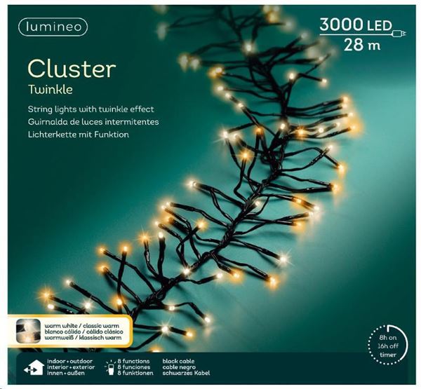 GHIRLANDA 3000 LED MIX CALDO+CLASSIC 28MT FILO NERO TIMER+8F