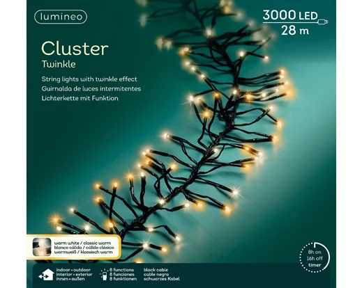GHIRLANDA 3000 LED MIX CALDO+CLASSIC 28MT FILO NERO TIMER+8F