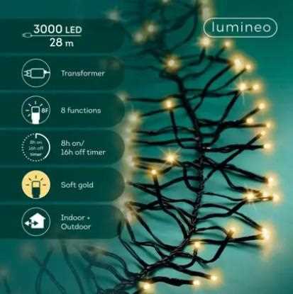 GHIRLANDA PVC CLUSTER  3000 LED SOFT GOLD F.NERO 28MT.