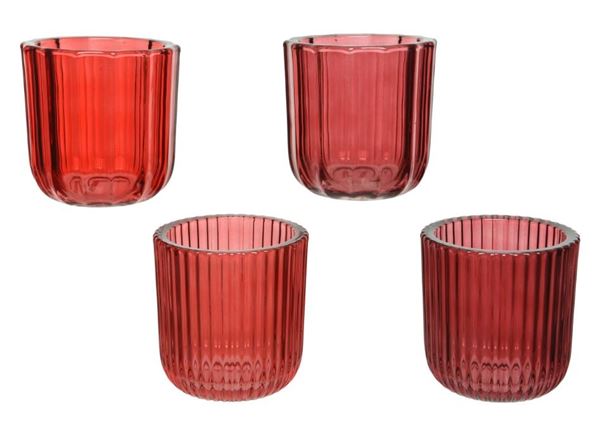 PORTA CANDELA IN VETRO A RIGHE 4ASS. ROSSO D.9XH.9.4CM