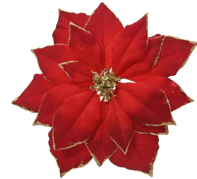 FIORE STELLA DI NATALE POLIESTERE C/CLIP GLITTER ORO D.24XH.