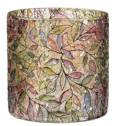PORTA TEALIGHT VETRO FOGLIE VERDI H12XD12 CM