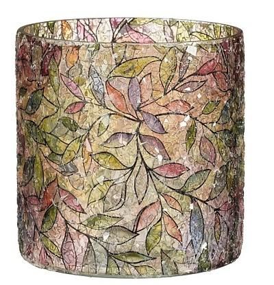 PORTA TEALIGHT VETRO FOGLIE VERDI H12XD12 CM