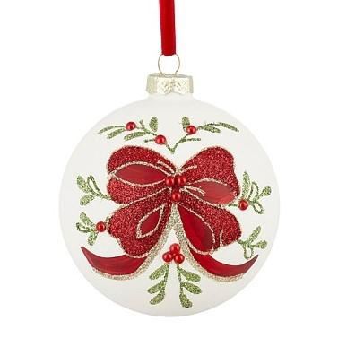 PALLINA BIANCA VETRO FIOCCO ROSSO D10 CM