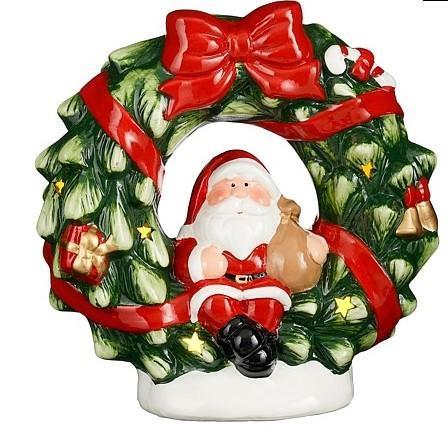 DECORO CERAMICA CORONA BABBO NATALE LED ROSSO BATTERIA CM.24